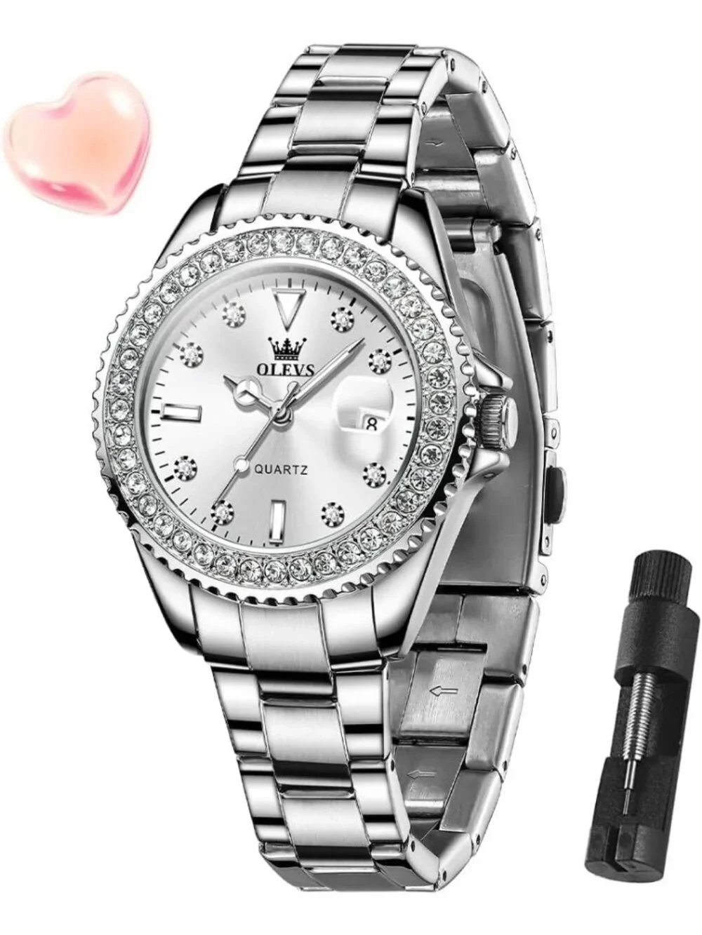Women's Silver Luxury Diamond with Date Analog Quartz Waterproof Wrist Watch